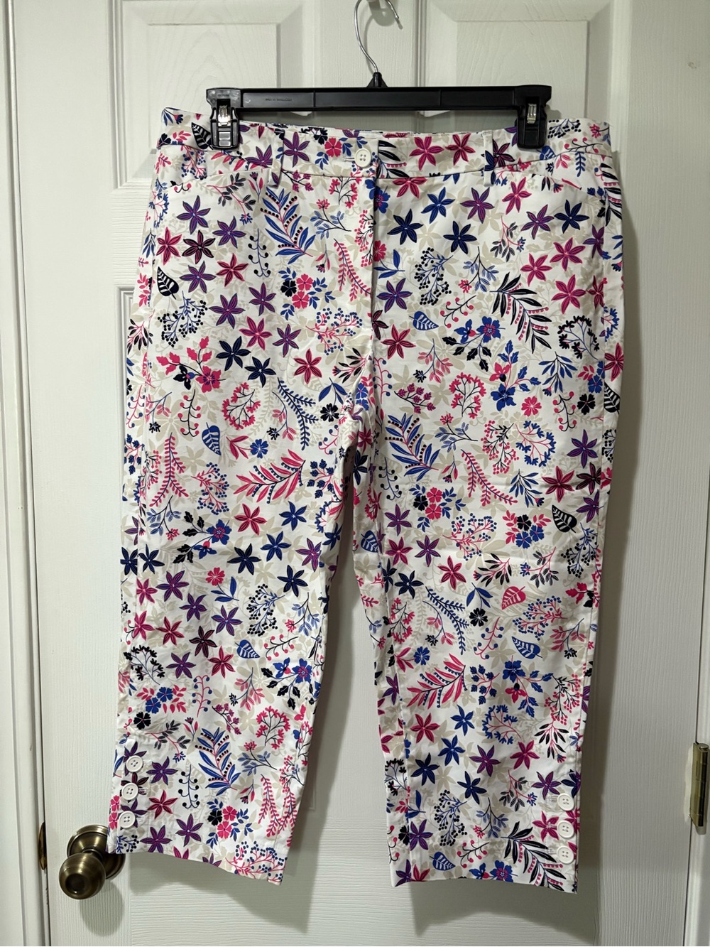Floral Capri Pants - White with Pink & Blue Flowers